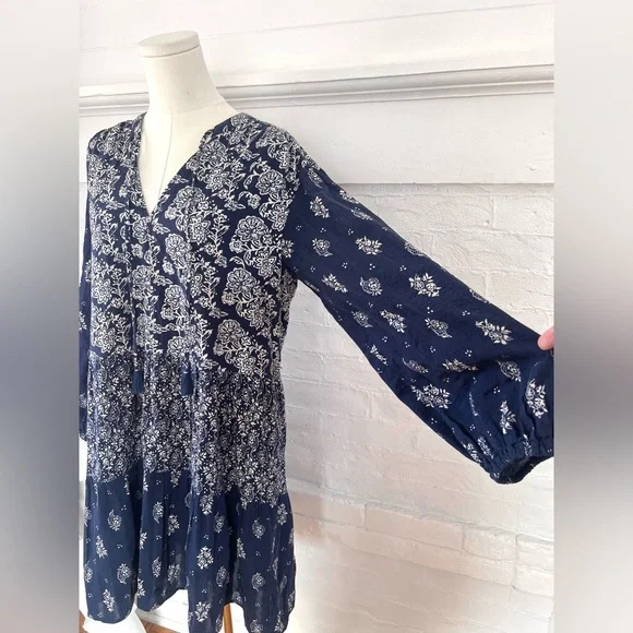 Anthropologie Maeve Carlita Tierd Tunic Dress Cotton Blue Floral Mini Boho - Picture 8 of 13